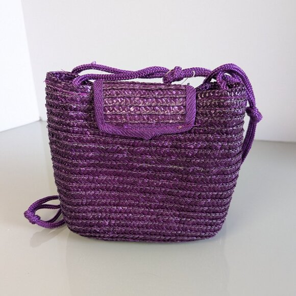 Vintage Purple Woven Straw Crossbody Bag Upcycled Jewelry Charms Deadstock - Picture 2 of 6